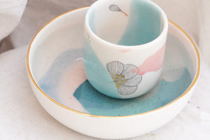 Bowl in Blues & Dusty Pink with Golden Lining