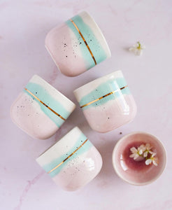 "Landscape" Latte Cup, 4.0 dl in Mint & Pink Blush with Golden Lining