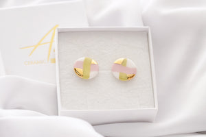 Circle Earrings in soft green & pink stripes with golden details