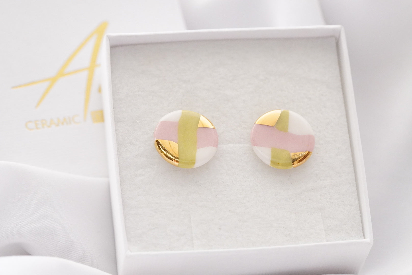 Circle Earrings in soft green & pink stripes with golden details