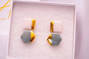 Square Earring in Pure White with Golden Lining