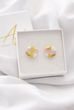 Load image into Gallery viewer, Circle Earrings in soft green &amp; pink stripes with golden details