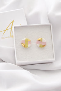 Circle Earrings in soft green & pink stripes with golden details