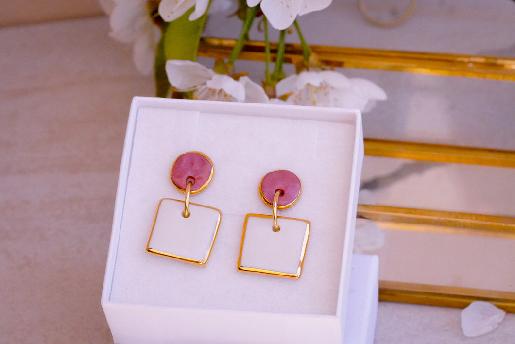 Earrings in Ruby Blush & White Squares