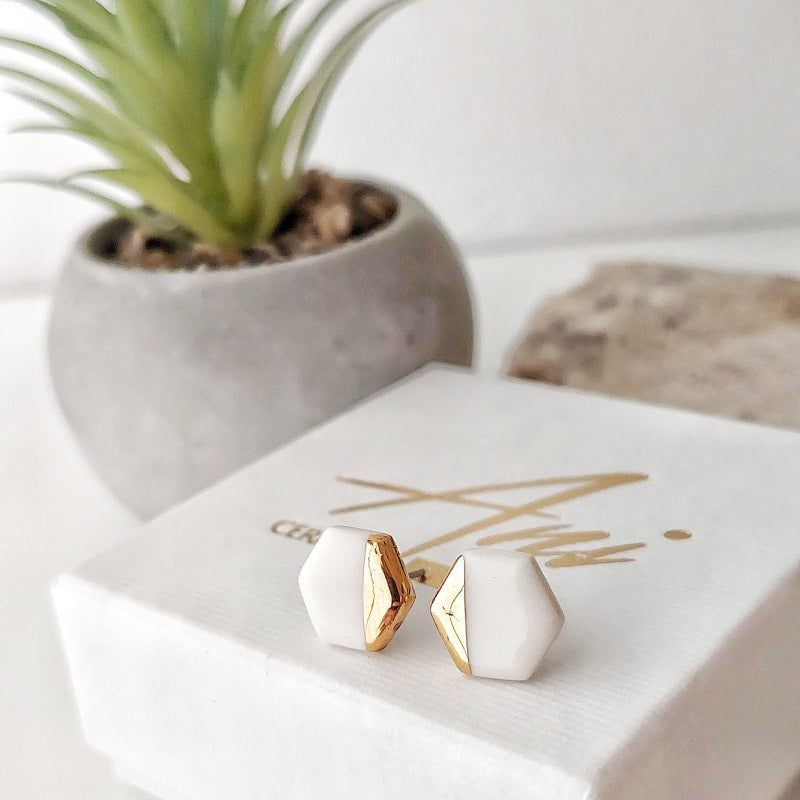 Hexagon Earrings in White with Golden Lining