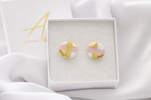 Circle Earrings in soft green & pink stripes with golden details