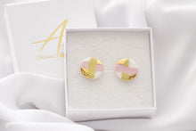 Load image into Gallery viewer, Circle Earrings in soft green &amp; pink stripes with golden details