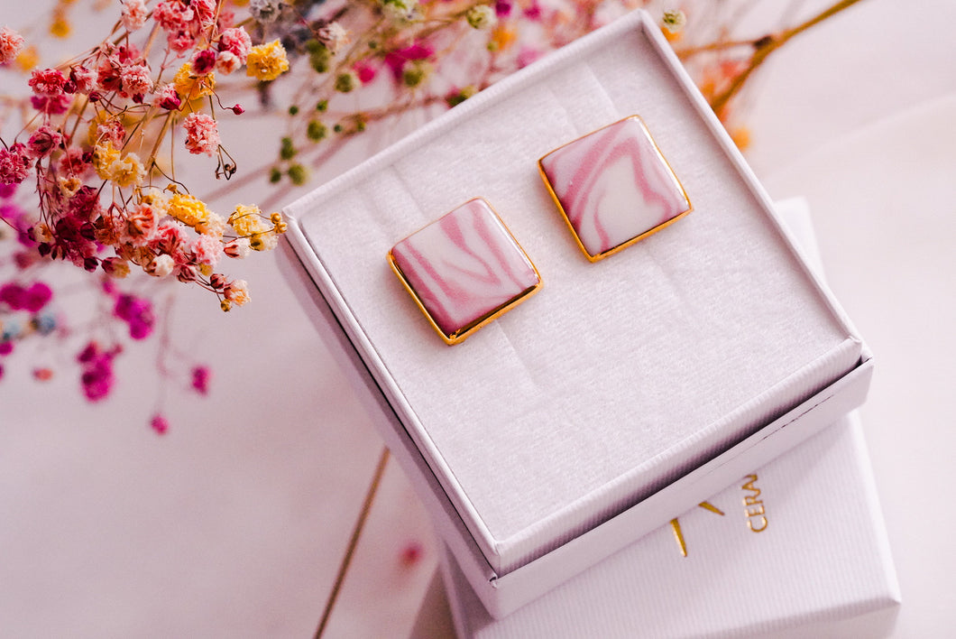 Big Square Earring in Rose Blush with Golden Rim