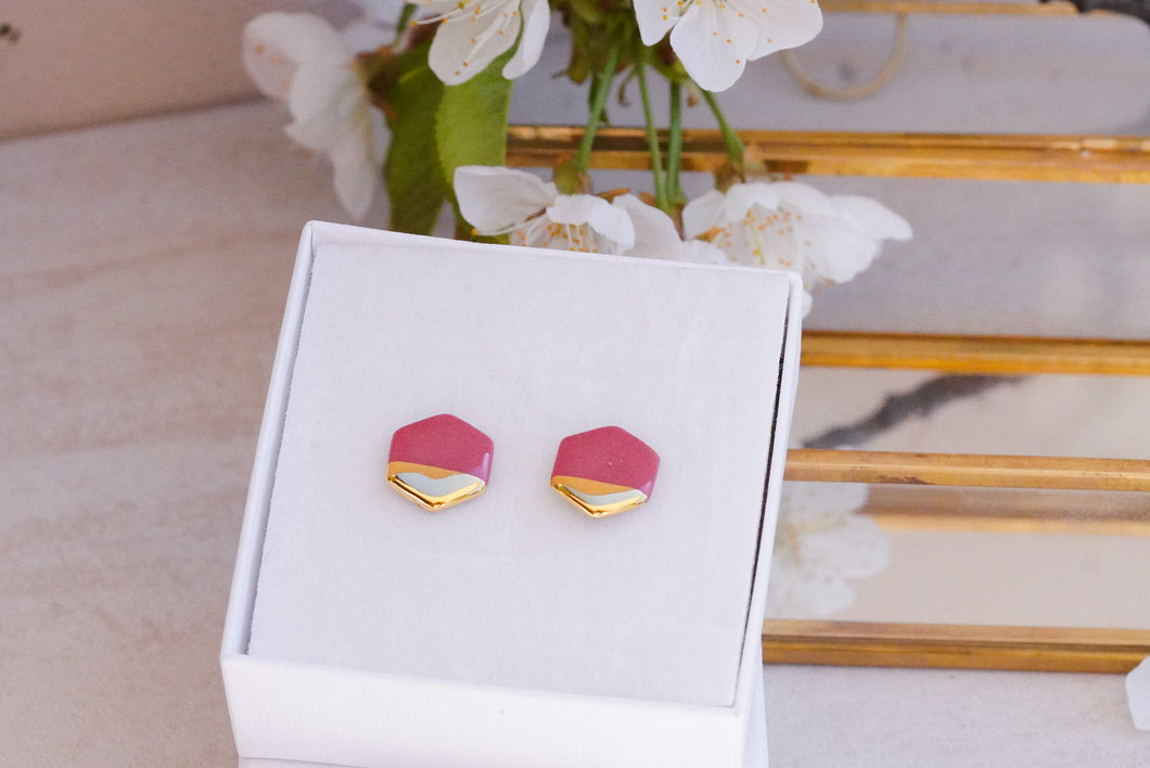 Hexagon Earrings in Ruby Golden Lining