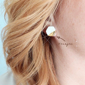 Hexagon Earrings in White with Golden Rim
