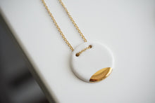 Laden Sie das Bild in den Galerie-Viewer, Small Circle Earrings / Necklace in Pure White with Golden Lining - O I A  ceramics