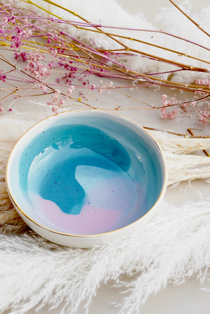 Bowl in Blues & Dusty Pink with Golden Lining - O I A  ceramics