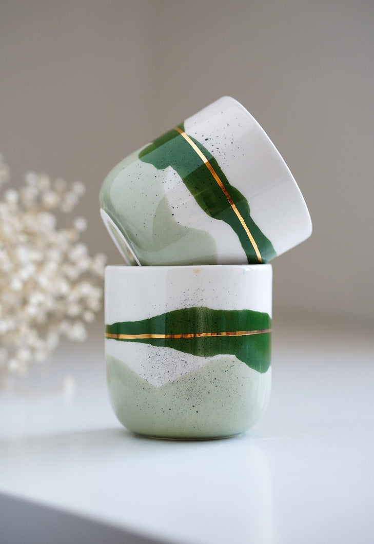 Set of 2 cups in various sizes in forest green with golden lining