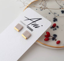 Load image into Gallery viewer, Square Earrings in Nude Beige &amp; Golden Lining - O I A  ceramics